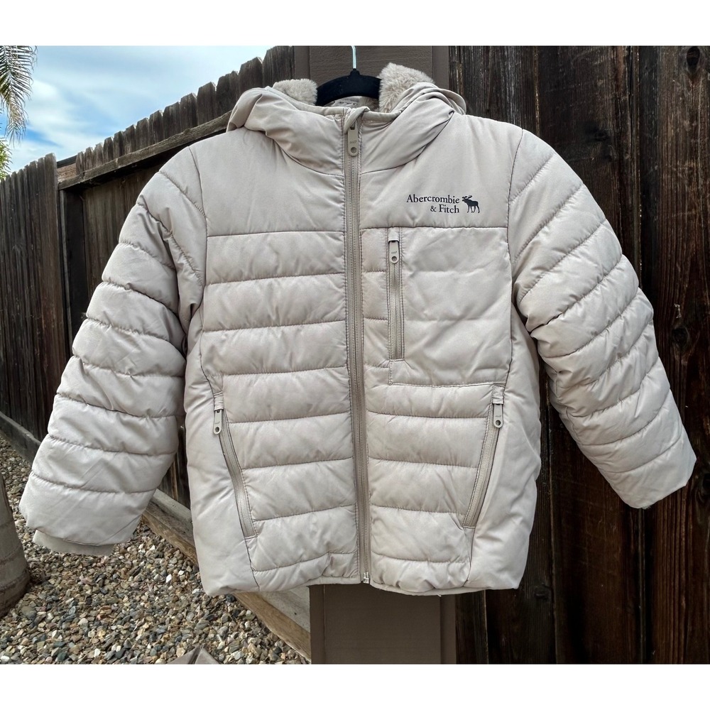 Abercrombie Kids Boys 5/6 Puffer Jacket Faux Fur Lined Hooded Beige